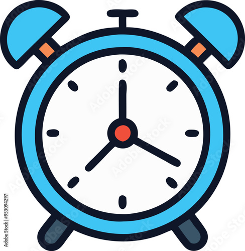 Flat-style illustration with alarm clock. Morning alert, wakeup time, timepiece concept.