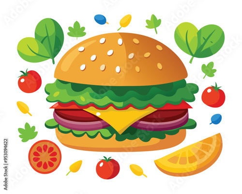 Delicious burger with fresh ingredients and vegetable vector illustration 