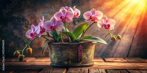 Medium Orchid blooms spilling out of a distressed vintage planter, warm afternoon light, cozy nostalgia, sentimental emotion, a realistic photo image. photo