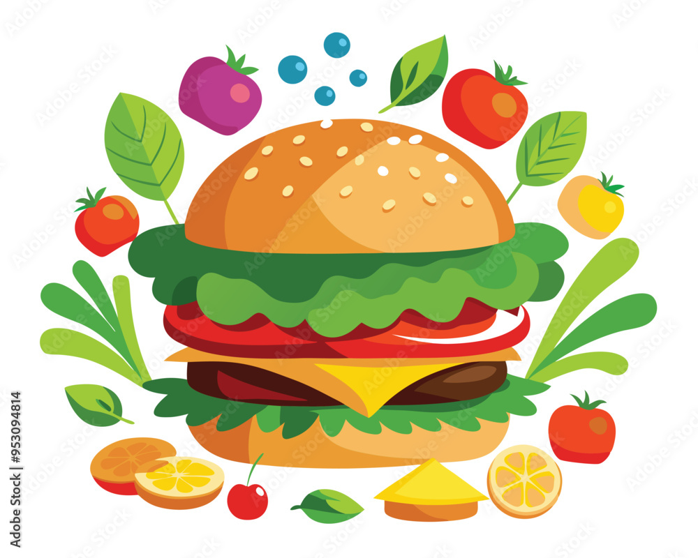 Delicious burger with fresh ingredients and vegetable vector illustration Delicious burger with fresh ingredients and vegetable vector illustration