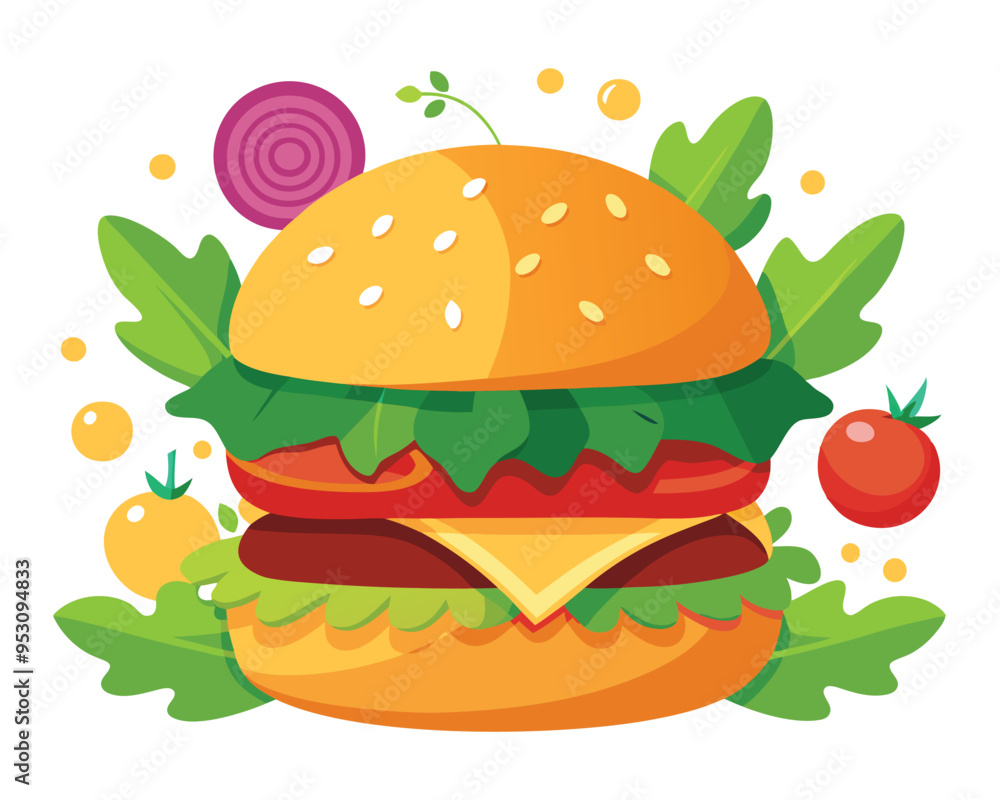 Delicious burger with fresh ingredients and vegetable vector illustration Delicious burger with fresh ingredients and vegetable vector illustration