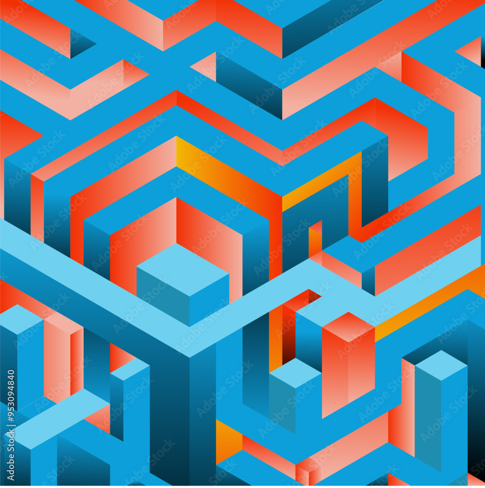 Abstract isometric pattern in blue, orange, and red suitable for backgrounds, wallpapers, textiles, and graphic design projects. Vibrant and modern aesthetic. Abstract isometric pattern in blue, orange, and red suitable for backgrounds, wallpapers, textiles, and graphic design projects. Vibrant and modern aesthetic.