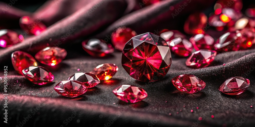 Alizarin Crimson gemstones scattered on a black velvet cloth, macro shot, dramatic spot lighting, lavish and extravagant, a realistic photo image. Alizarin Crimson gemstones scattered on a black velvet cloth, macro shot, dramatic spot lighting, lavish and extravagant, a realistic photo image.