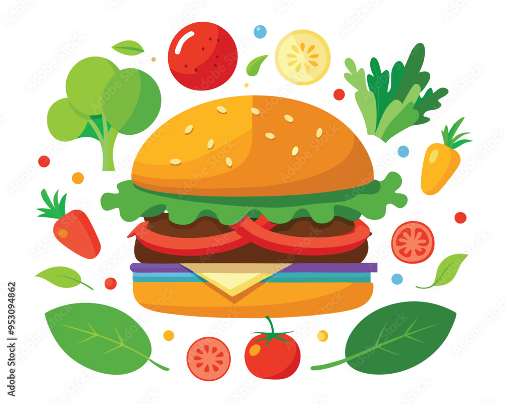 Delicious burger with fresh ingredients and vegetable vector illustration Delicious burger with fresh ingredients and vegetable vector illustration