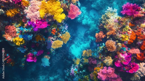 Fototapeta Naklejka Na Ścianę i Meble -  A colorful coral reef with a variety of fish swimming around. The colors are vibrant and the scene is lively