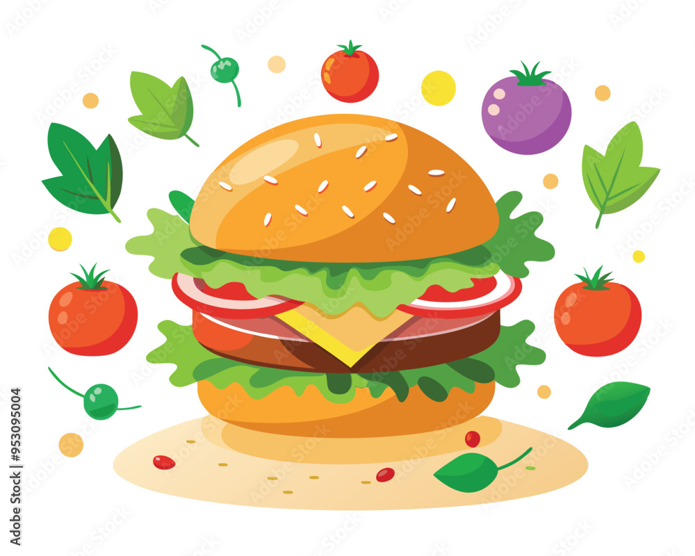 Delicious burger with fresh ingredients and vegetable vector illustration Delicious burger with fresh ingredients and vegetable vector illustration