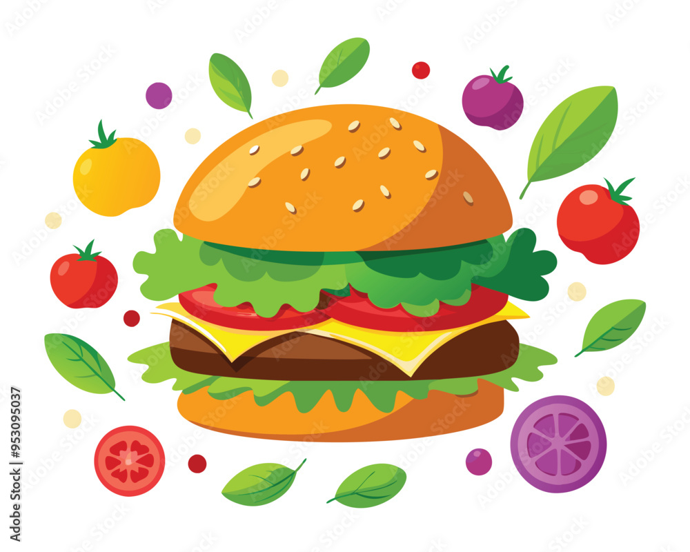 Delicious burger with fresh ingredients and vegetable vector illustration Delicious burger with fresh ingredients and vegetable vector illustration