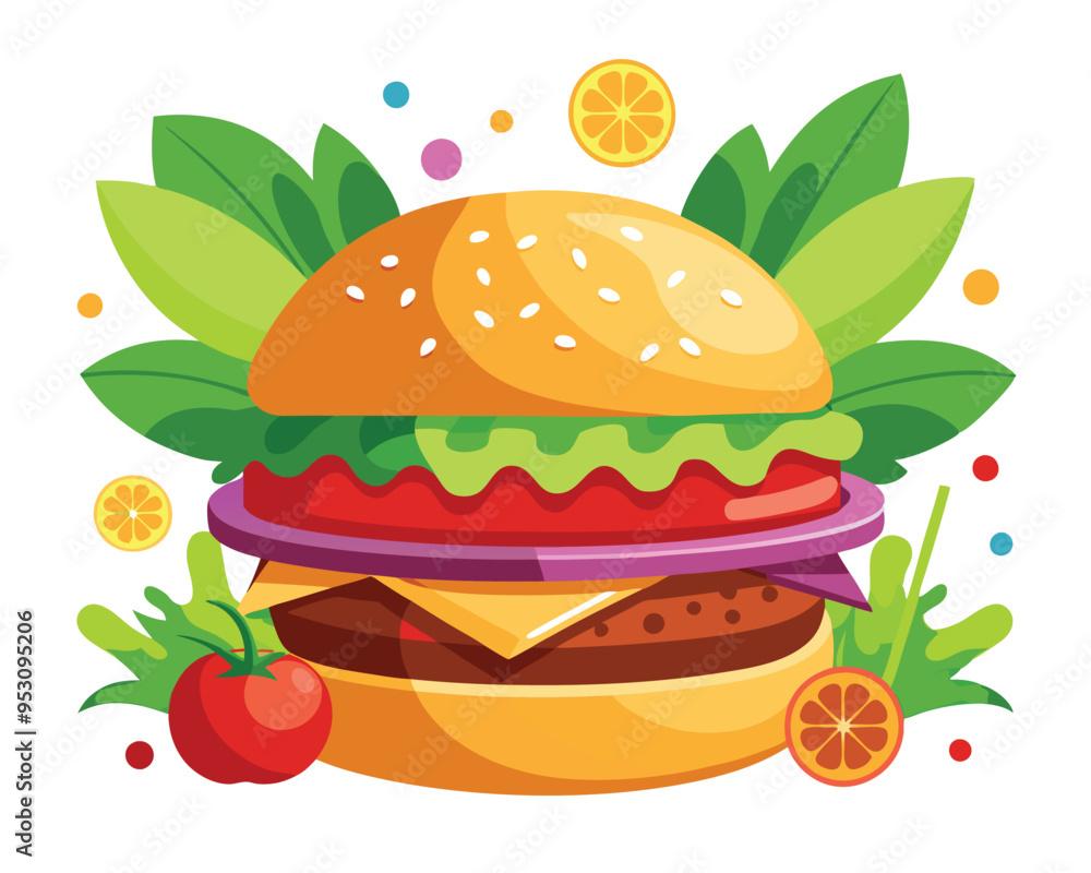 Delicious burger with fresh ingredients and vegetable vector illustration Delicious burger with fresh ingredients and vegetable vector illustration