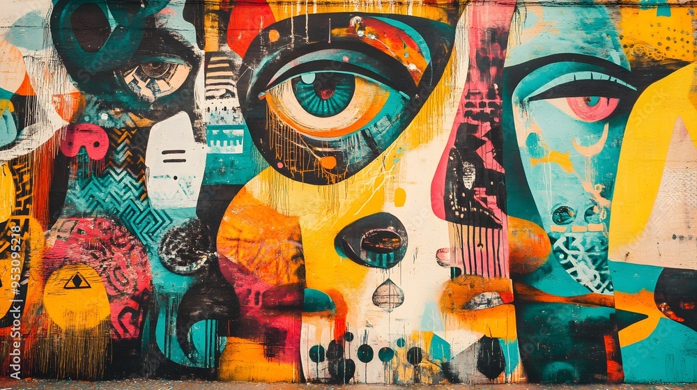 Obraz premium Vibrant street art mural in a bustling city with colorful graffiti bright colors and a diverse crowd bold lines and strong 3D elements