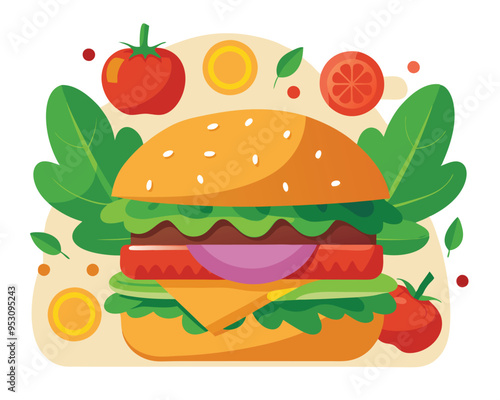 Delicious burger with fresh ingredients and vegetable vector illustration 