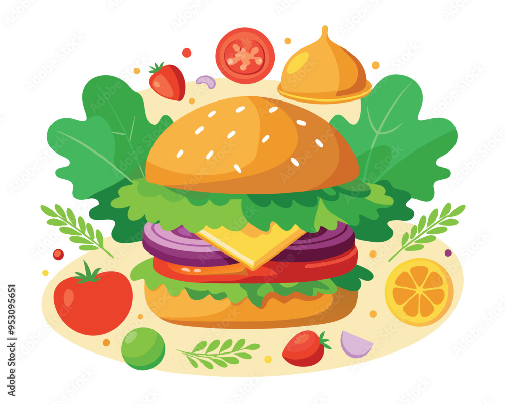 Delicious burger with fresh ingredients and vegetable vector illustration Delicious burger with fresh ingredients and vegetable vector illustration