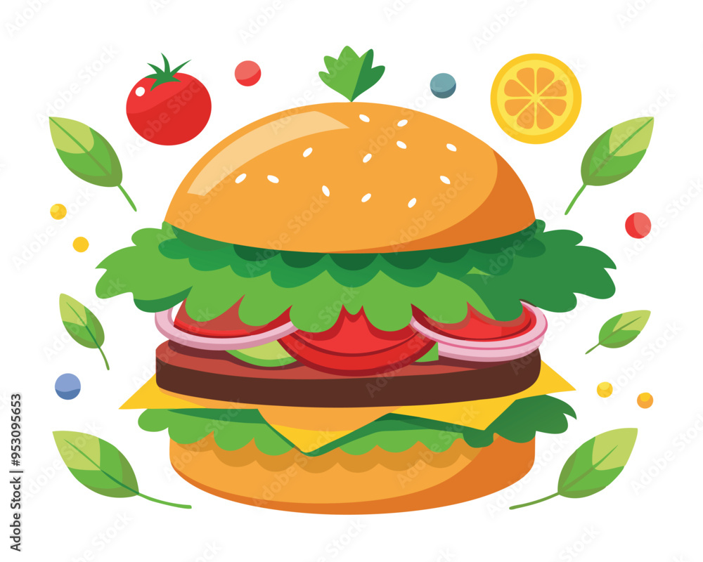 Delicious burger with fresh ingredients and vegetable vector illustration Delicious burger with fresh ingredients and vegetable vector illustration
