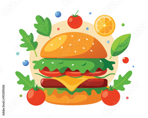 Delicious burger with fresh ingredients and vegetable vector illustration 