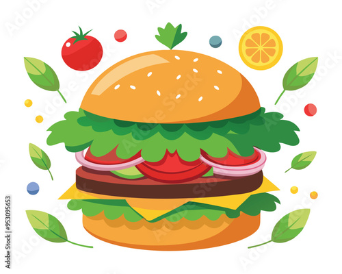 Delicious burger with fresh ingredients and vegetable vector illustration 