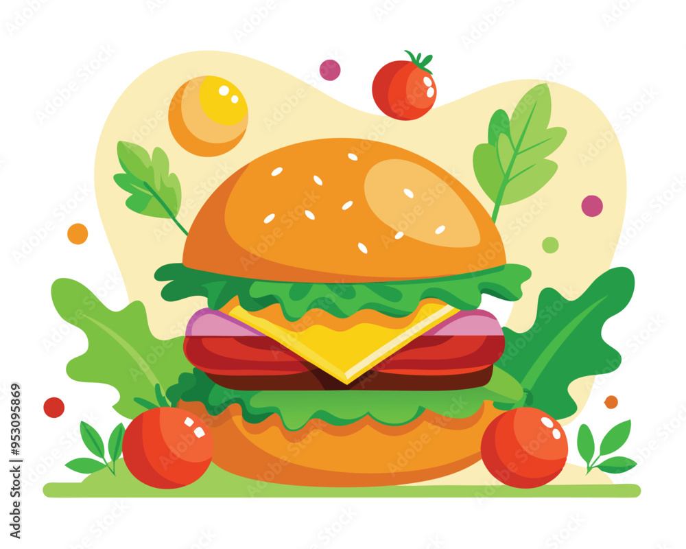 Delicious burger with fresh ingredients and vegetable vector illustration Delicious burger with fresh ingredients and vegetable vector illustration
