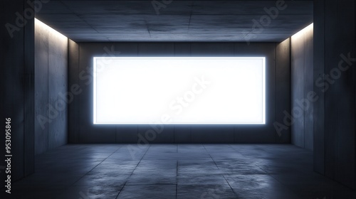 A large white sign is hanging on the wall of a dark room. The room is empty and the sign is the only thing visible. Scene is somber and quiet