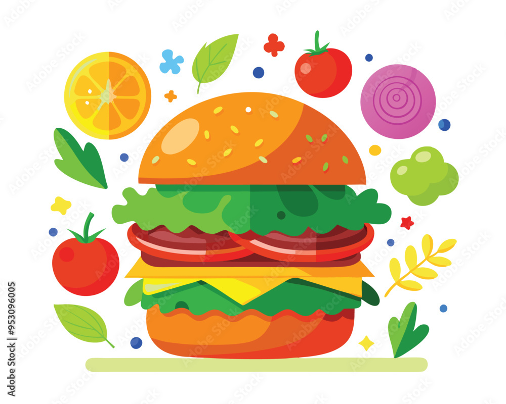 Delicious burger with fresh ingredients and vegetable vector illustration Delicious burger with fresh ingredients and vegetable vector illustration