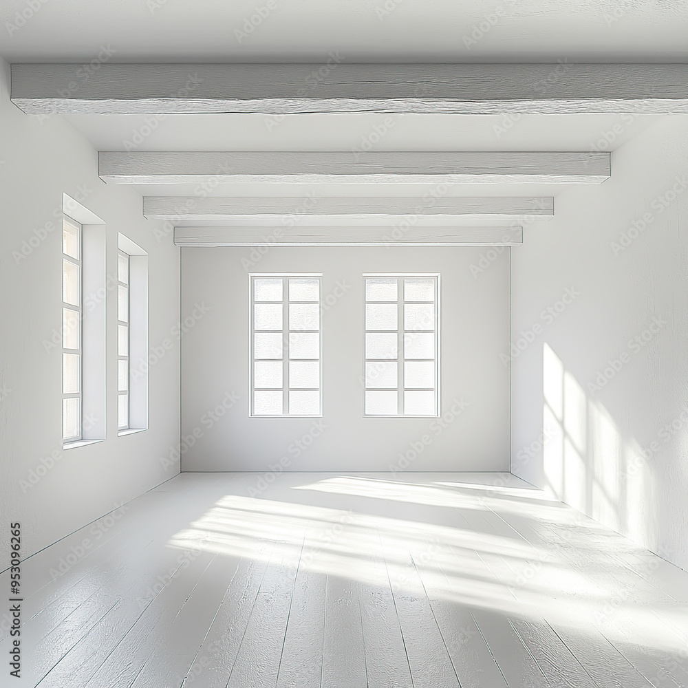 Fototapeta premium White empty room with ceiling beams, bright interior, minimalist style