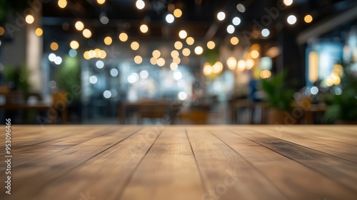 A blurred cafe interior with warm lights and a wooden table in the foreground.