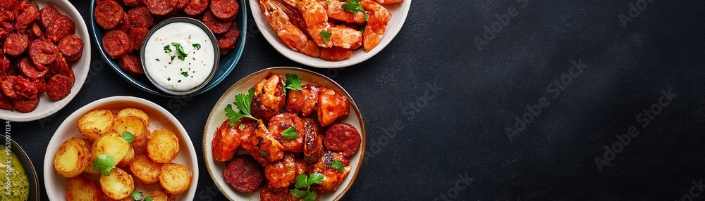 A lavish tapas selection featuring an array of small plates, including patatas bravas, chorizo, and gambas al ajillo A lavish tapas selection featuring an array of small plates, including patatas bravas, chorizo, and gambas al ajillo
