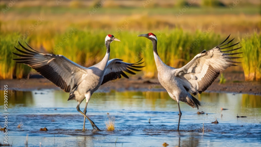 Fototapeta premium Two Cranes Facing Each Other in Shallow Water