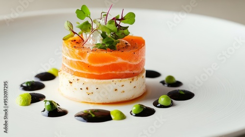 Fototapeta Naklejka Na Ścianę i Meble -  An intricately plated deconstructed dish blending various culinary traditions with molecular gastronomy techniques