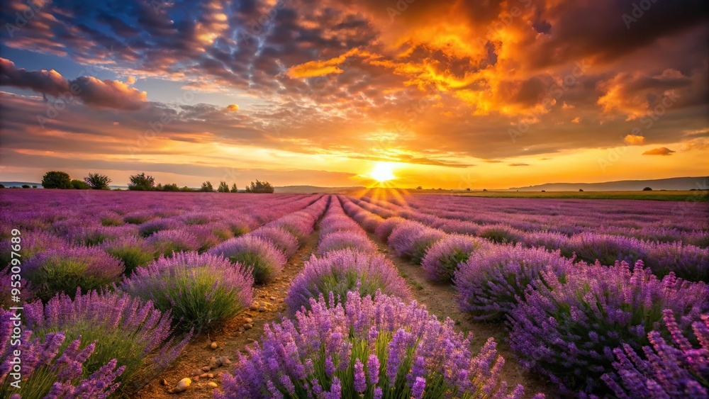 Softly swaying lavender fields under a warm golden sunset with a low angle shot, vibrant purple hues, natural light, serene atmosphere, a realistic photo image. Softly swaying lavender fields under a warm golden sunset with a low angle shot, vibrant purple hues, natural light, serene atmosphere, a realistic photo image.