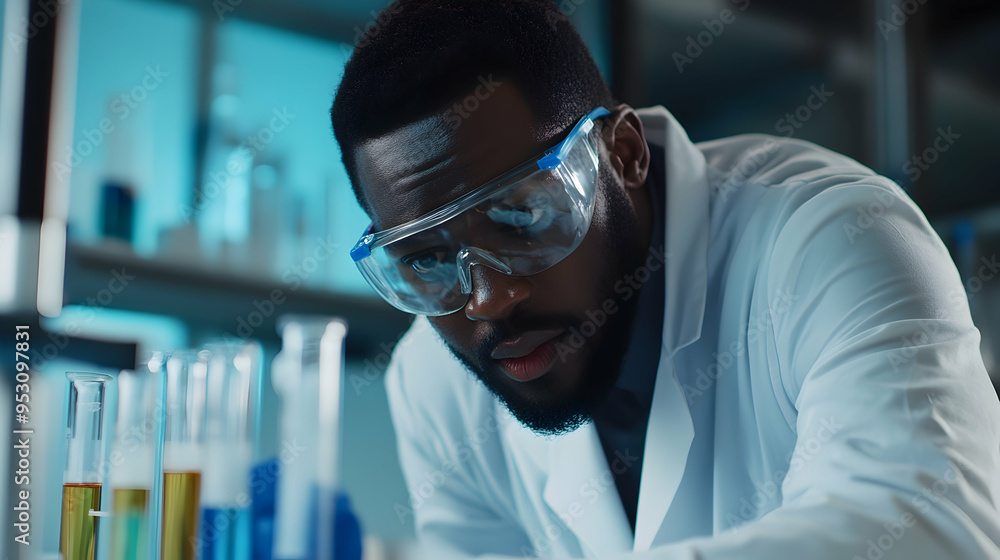 A black scientist wearing a lab coat and safety goggles, carefully examining a test tube in a modern laboratory. A black scientist wearing a lab coat and safety goggles, carefully examining a test tube in a modern laboratory.