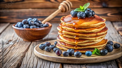 Delicious pancakes with blueberries and honey on rustic wooden background