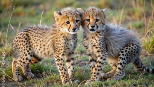 Two Cheetah Cubs Standing in Grassy Field photo