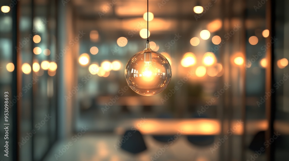 A warm, illuminated pendant light in a modern workspace, creating an inviting atmosphere. A warm, illuminated pendant light in a modern workspace, creating an inviting atmosphere.