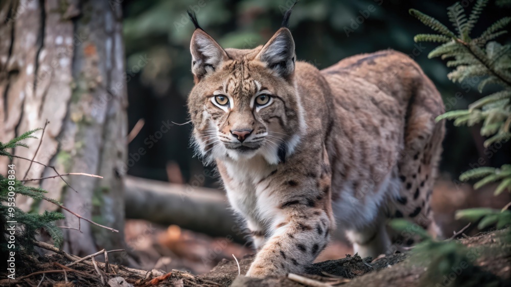 Fototapeta premium Lynx Walking Through a Forest with a Focused Gaze