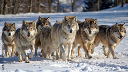 A Pack of Wolves Trotting Through a Snowy Forest photo