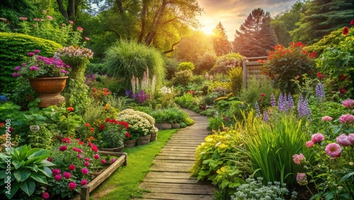 Tranquil image of a blooming garden with verdant hues, earthy tones, natural textures, and rustic charm