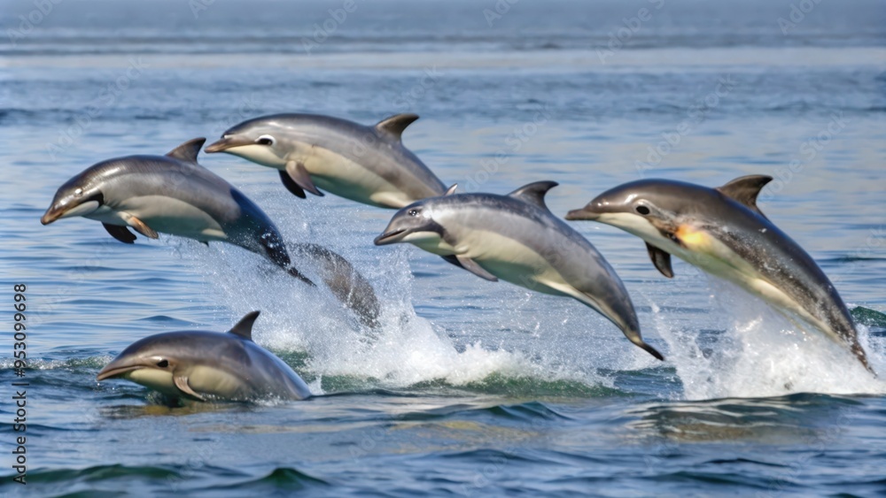 Fototapeta premium A pod of five dolphins leaping out of the ocean