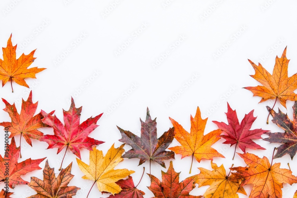 Autumn Maple Leaves Flat Lay White Background created with Generative AI Autumn Maple Leaves Flat Lay White Background created with Generative AI