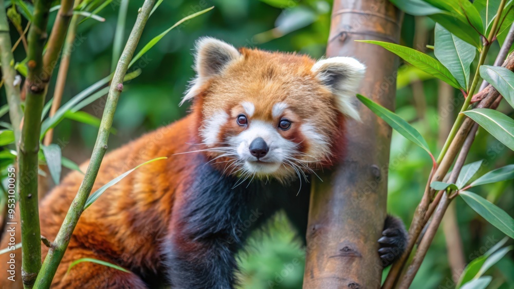 Naklejka premium Red Panda Perched on a Tree Branch in a Lush Green Forest