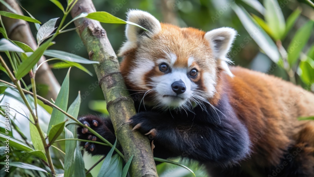 Fototapeta premium Red Panda Clinging to a Bamboo Branch in Lush Foliage