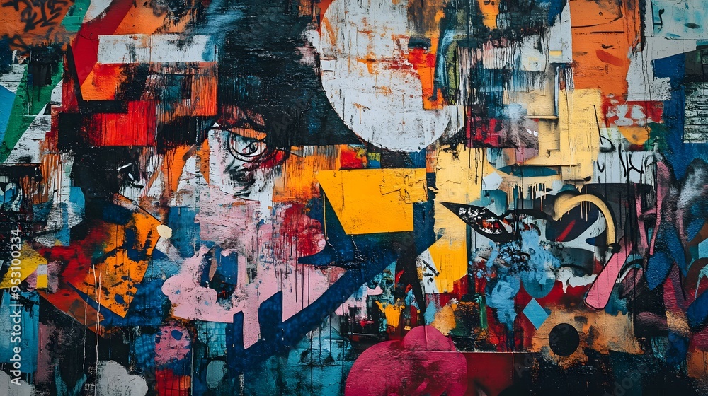 Fototapeta premium Urban mural with vibrant graffiti bright colors and a diverse crowd bold and edgy design with strong lines and 3D-rendered graffiti