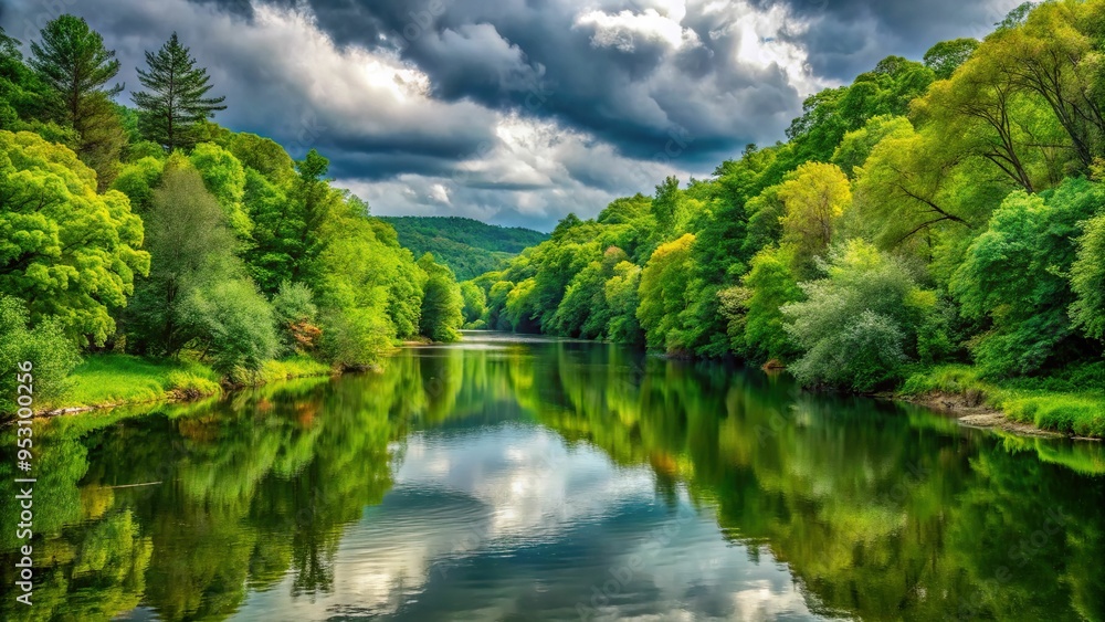 Pear Green river waters reflect the vibrant colors of surrounding foliage, with a sense of calm and serenity, under overcast skies, from a straight-on view, a realistic photo image. Pear Green river waters reflect the vibrant colors of surrounding foliage, with a sense of calm and serenity, under overcast skies, from a straight-on view, a realistic photo image.