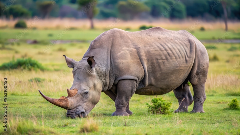 Obraz premium A White Rhinoceros Grazing in a Field