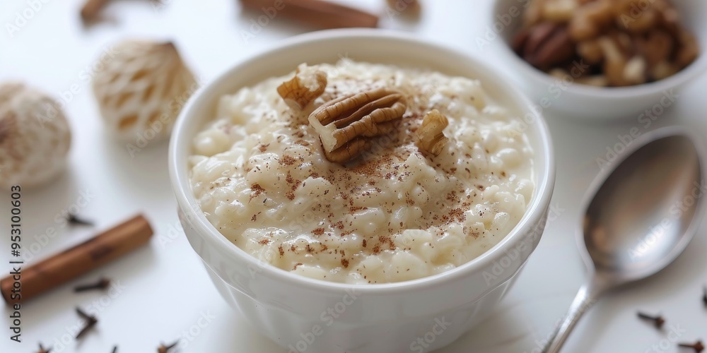 Creamy rice dessert topped with cinnamon and walnuts served in a bowl with a spoon on a light surface, ideal for breakfast. Creamy rice dessert topped with cinnamon and walnuts served in a bowl with a spoon on a light surface, ideal for breakfast.