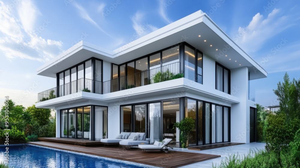 A stylish, contemporary home featuring large windows, a swimming pool, and elegant landscaping, highlighting modern luxury living. A stylish, contemporary home featuring large windows, a swimming pool, and elegant landscaping, highlighting modern luxury living.
