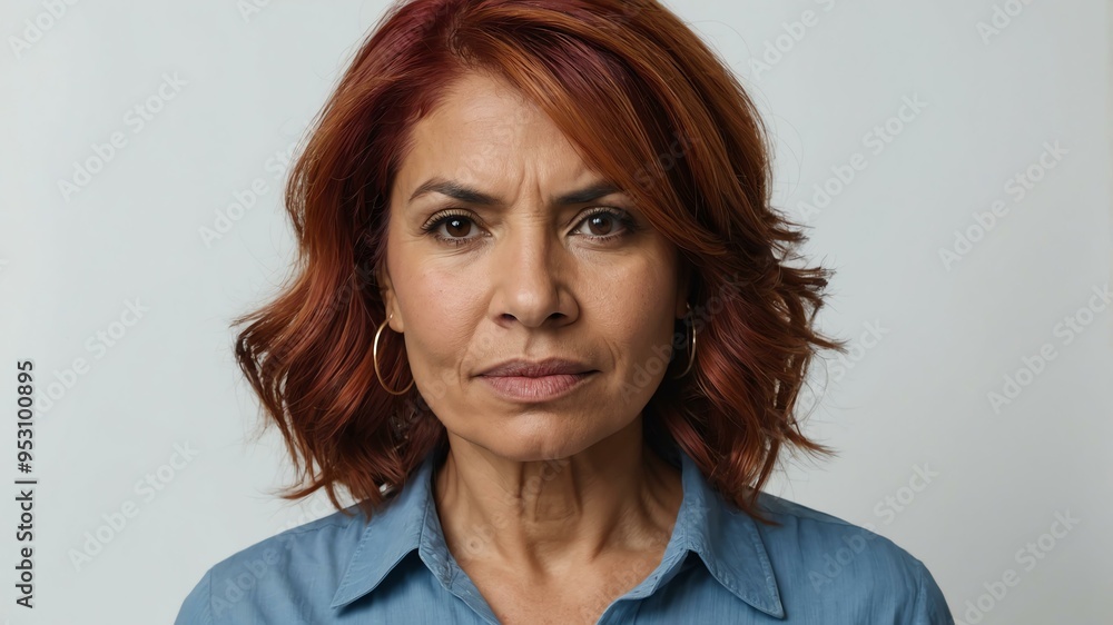 Obraz premium adult red hair hispanic woman in blue shirt model portrait standing straight on a plain white background for ad concept space for text