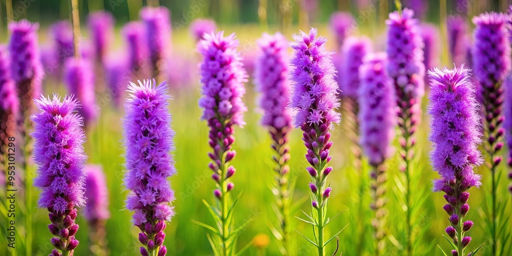 Obraz premium Vibrant purple liatris flowers blooming in a lush green meadow, swaying gently in the breeze on a warm summer day, evoking feelings of serenity