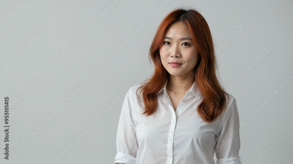 Obraz premium adult red hair east asian woman in white shirt model portrait standing straight on a plain white background for ad concept space for text