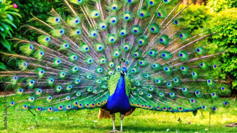 Obraz premium A Vibrant Peacock with its Tail Feathers Fully Spread