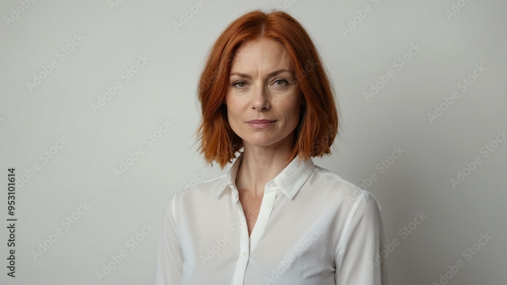 Fototapeta premium adult red hair caucasian woman in white shirt model portrait standing straight on a plain white background for ad concept space for text