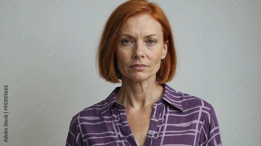 Obraz premium adult red hair caucasian woman in purple shirt model portrait standing straight on a plain white background for ad concept space for text