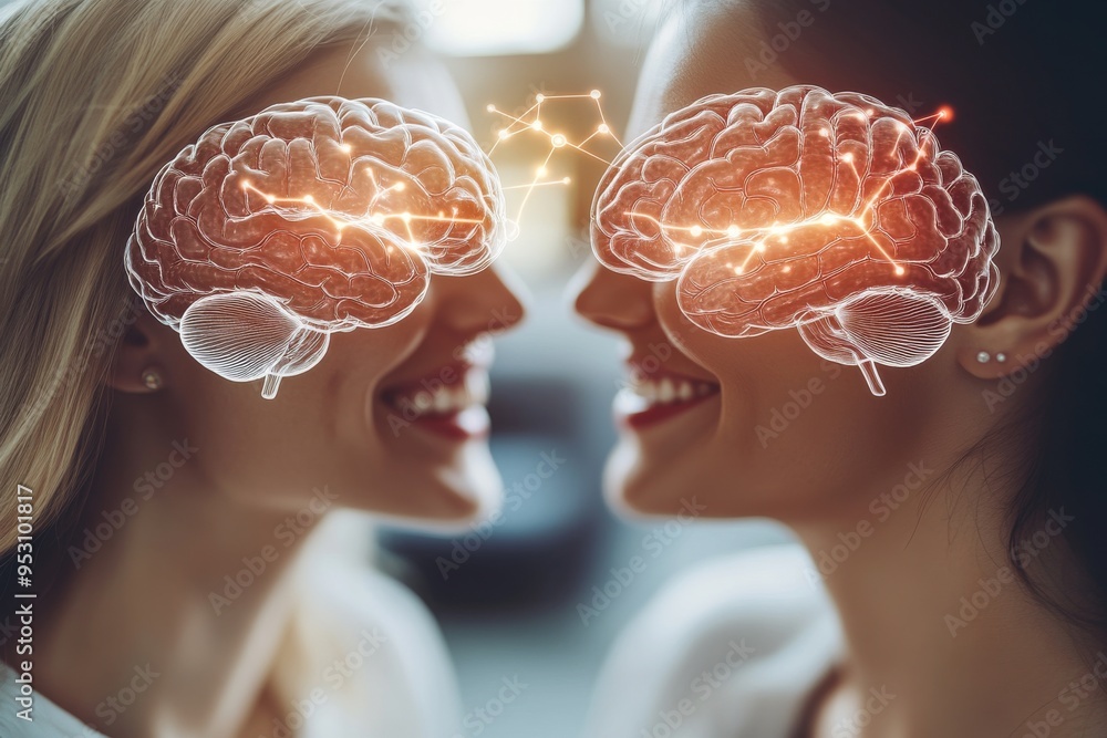 A man and a woman with digital brain connections symbolizing the merging of minds technology and intellectual synergy in modern relationships A man and a woman with digital brain connections symbolizing the merging of minds technology and intellectual synergy in modern relationships